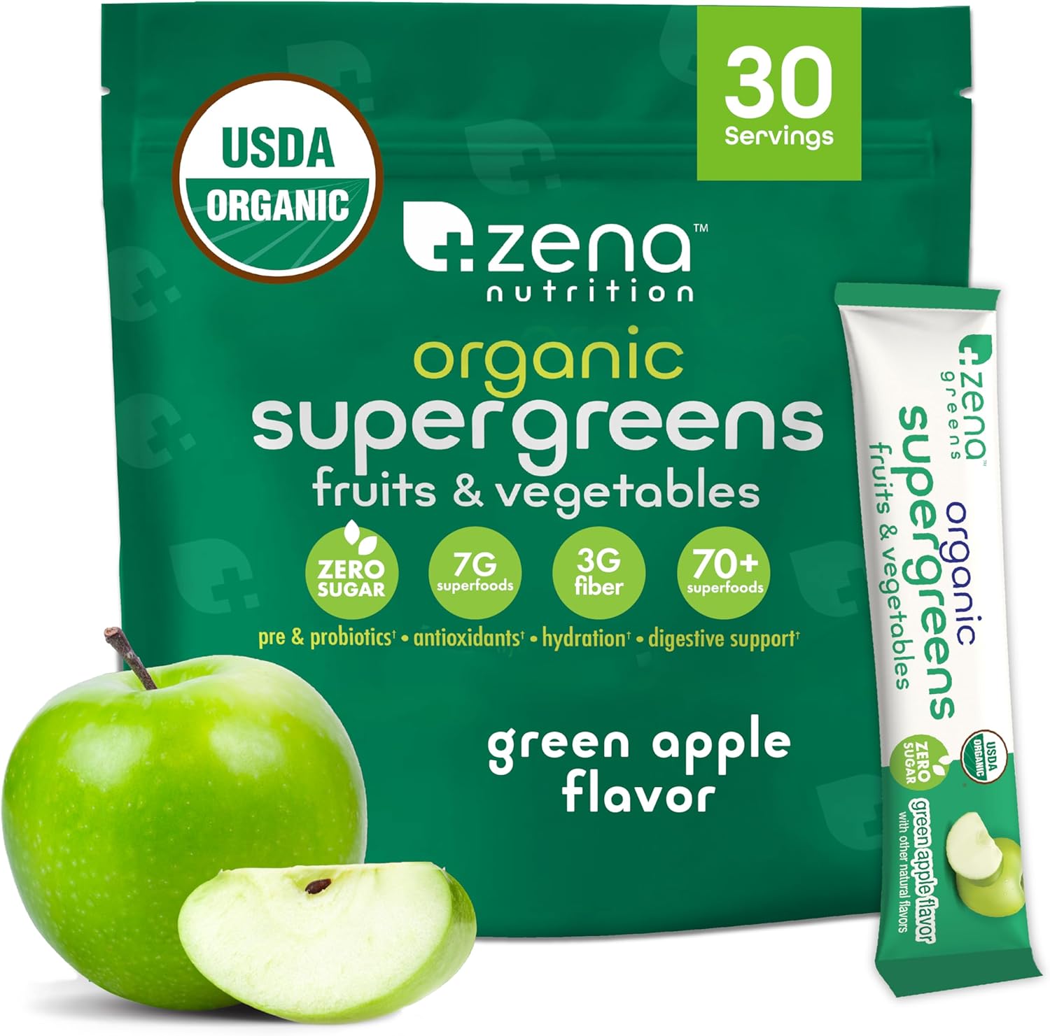 Zena Fit Nutrition Organic Super Greens Powder - 70+ Superfoods, Antioxidants, Pre & Probiotics, Digestive Enzymes - Green Apple Flavor, 30 Packets