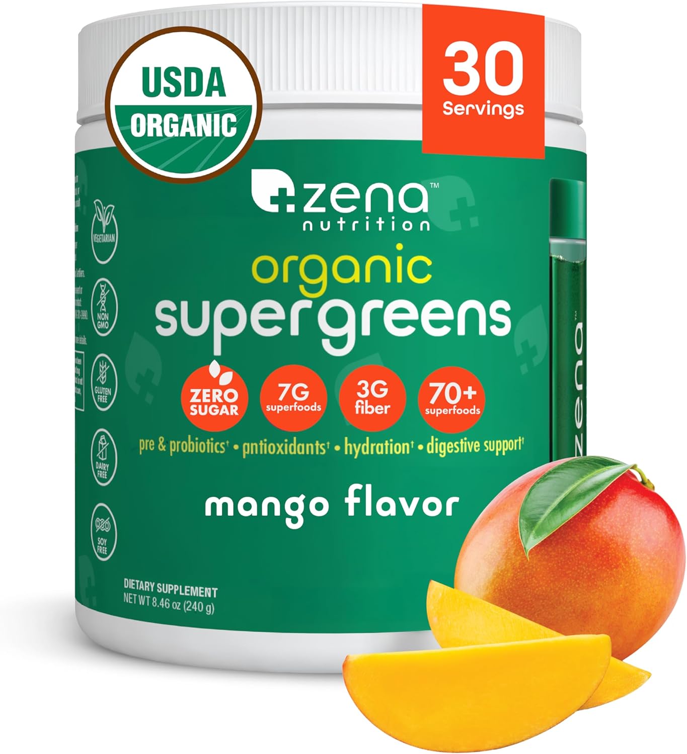 Zena Fit Nutrition Organic Super Greens Powder - 70+ Superfoods Drink Mix with Antioxidants, Pre & Probiotics, Digestive Enzymes - 0 Sugar, 3G Fiber - Mango Flavor - 30 Servings