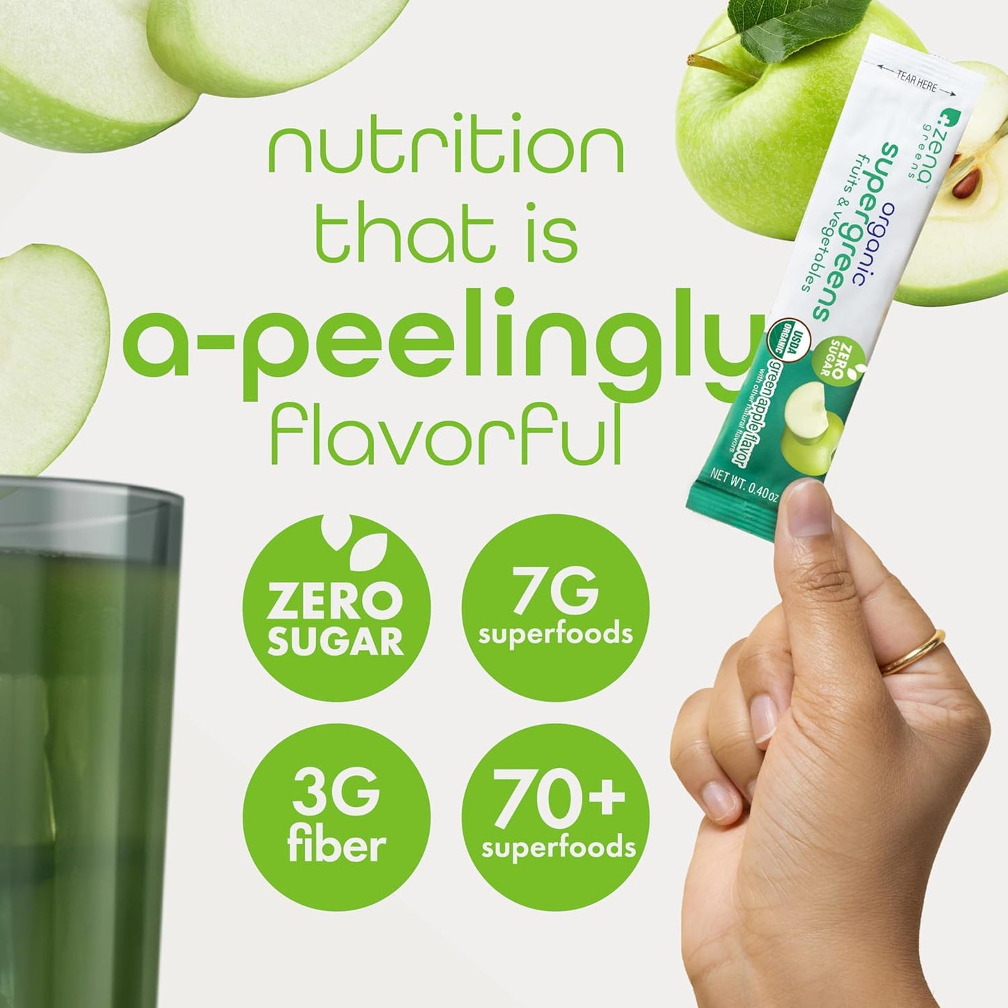 Zena Fit Nutrition Organic Super Greens Powder - 70+ Superfoods, Antioxidants, Pre & Probiotics, Digestive Enzymes - Green Apple Flavor, 30 Packets