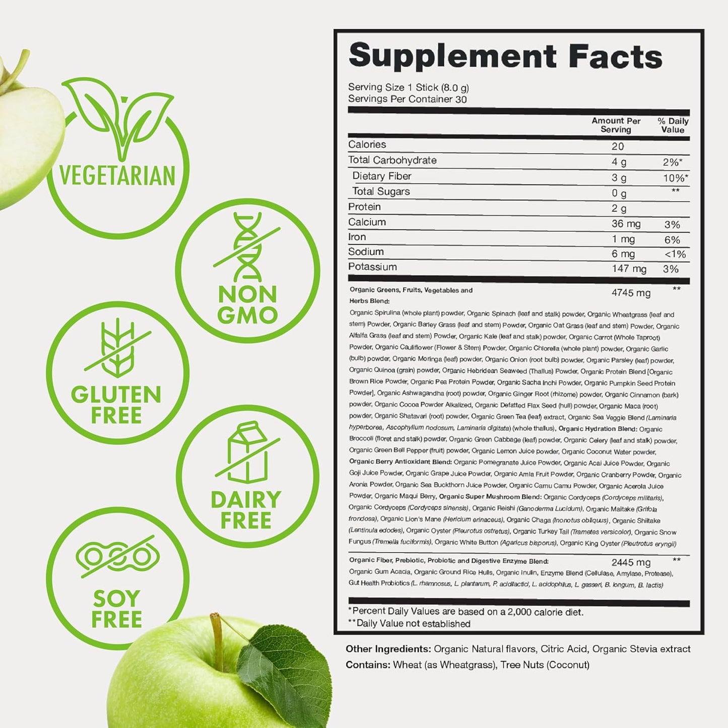 Zena Fit Nutrition Organic Super Greens Powder - 70+ Superfoods, Antioxidants, Pre & Probiotics, Digestive Enzymes - Green Apple Flavor, 30 Packets