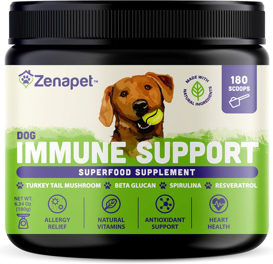 ZENAPET Allergy Immune Support Supplement for Dogs - Superfood with Turkey Tail Mushroom, Prebiotics for Gut Health - Itchy Skin, Seasonal Allergies & Yeast Relief - Small to Large Breeds