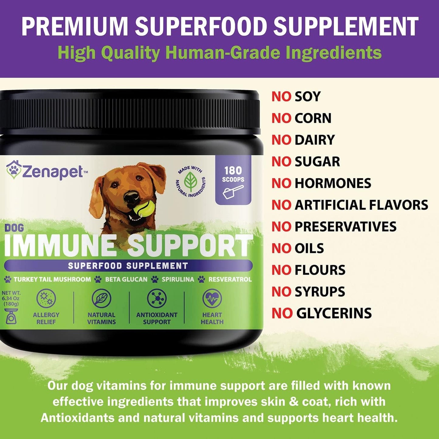 ZENAPET Allergy Immune Support Supplement for Dogs - Superfood with Turkey Tail Mushroom, Prebiotics for Gut Health - Itchy Skin, Seasonal Allergies & Yeast Relief - Small to Large Breeds