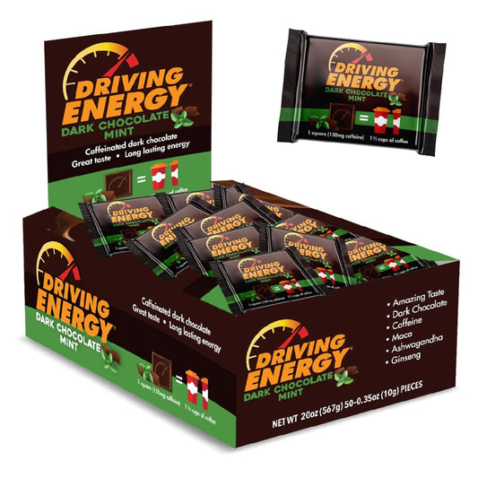 ZenEvo Driving Energy Dark Chocolate Mint Caffeinated Energy Bites - 150mg Caffeine for Long-Lasting Gym Energy - Low Carb Healthy Snack - 50 Count