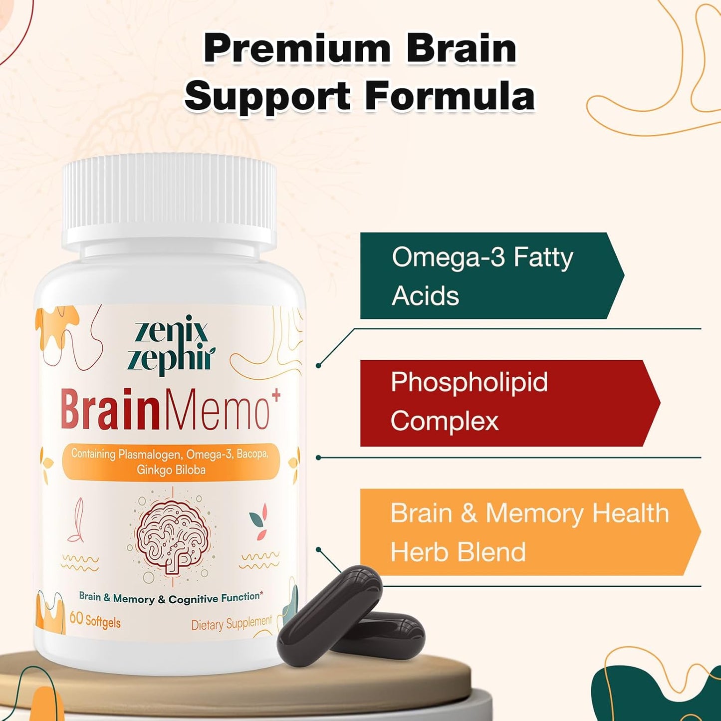 ZenixZephir Memory and Focus Brain Supplements - Omega-3 Phospholipid Complex for Cognitive Performance - Non-GMO - 60 Day Supply