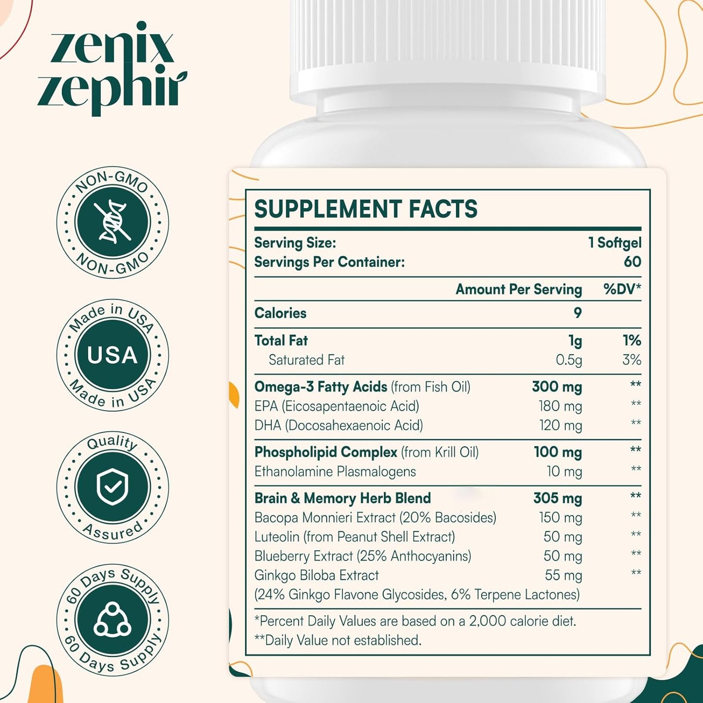 ZenixZephir Memory and Focus Brain Supplements - Omega-3 Phospholipid Complex for Cognitive Performance - Non-GMO - 60 Day Supply
