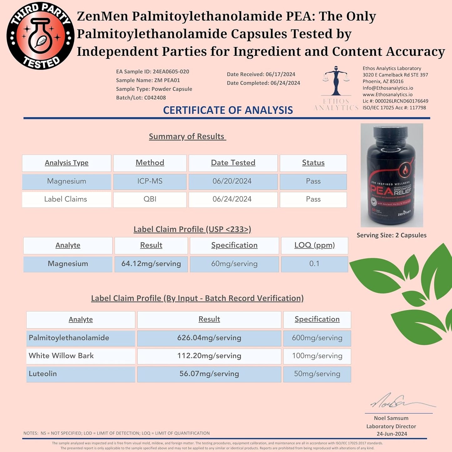 Zenmen Palmitoylethanolamide (PEA) 600mg Capsules with Luteolin, White Willow Bark, Magnesium - Supports Immune & Nervous Systems, Joints & Sciatic Nerve - 60 Vegan Capsules, Third Party Tested