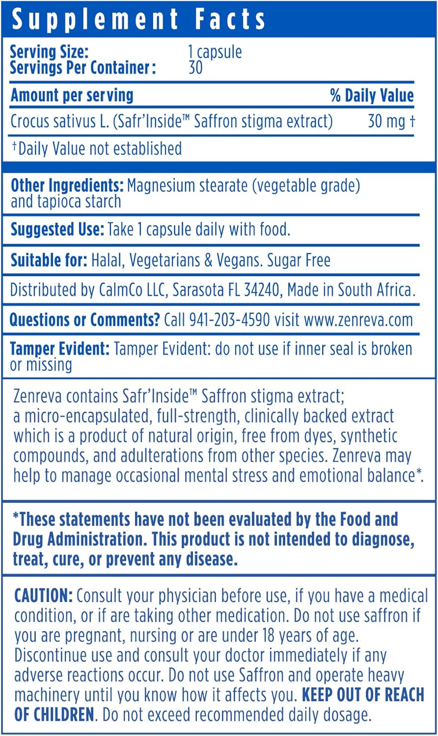 Zenreva Vegetarian Capsules with Safr’Inside Saffron Extract - Natural Relief for Anxiety, Stress, and Emotional Balance - 30 Count