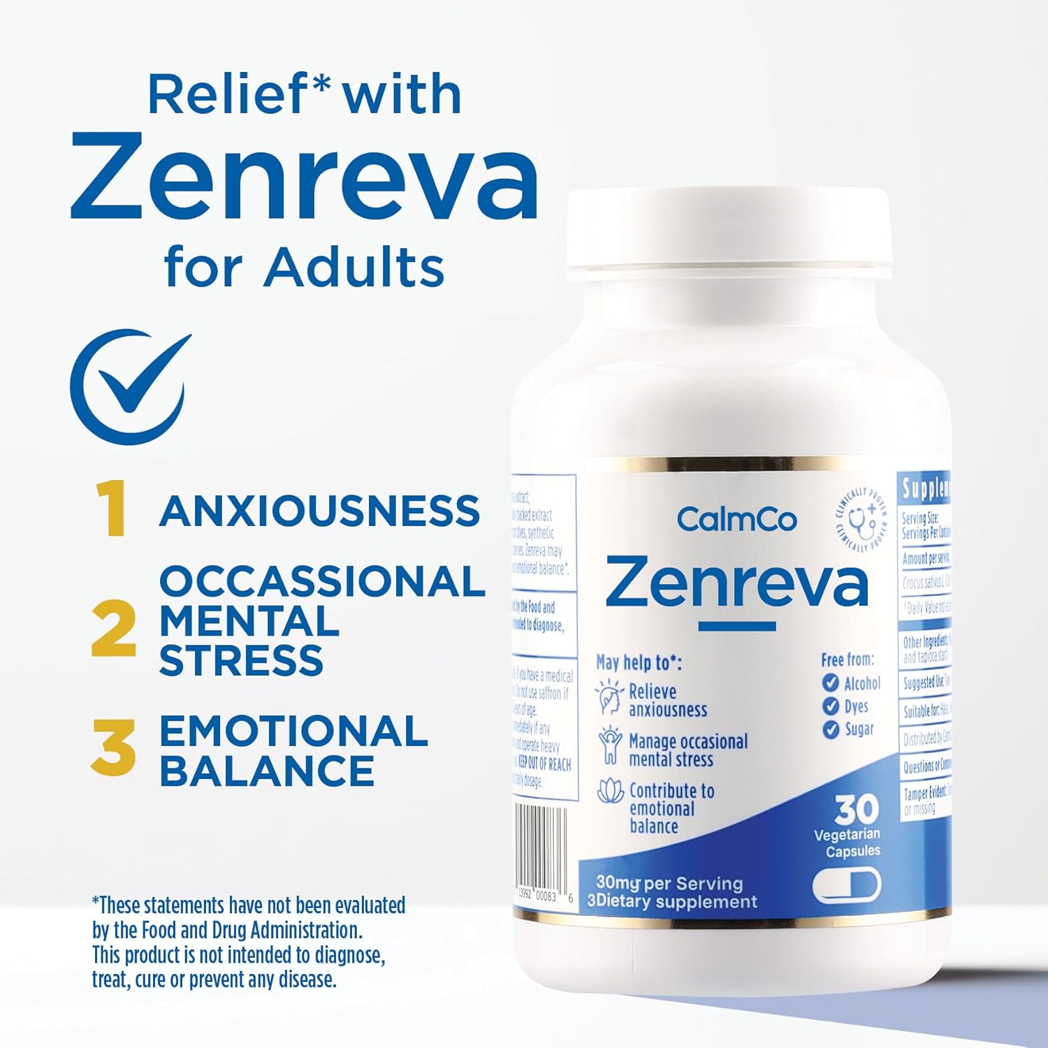 Zenreva Vegetarian Capsules with Safr’Inside Saffron Extract - Natural Relief for Anxiety, Stress, and Emotional Balance - 30 Count