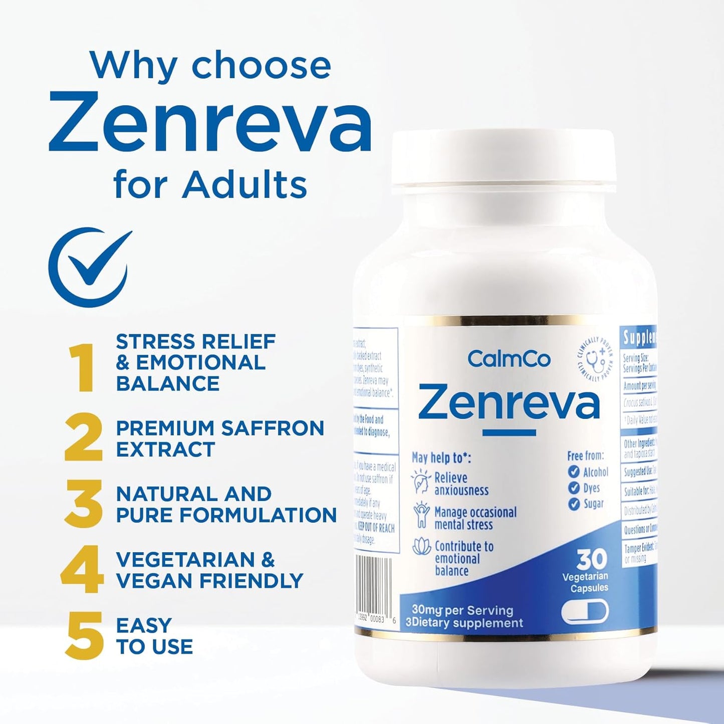 Zenreva Vegetarian Capsules with Safr’Inside Saffron Extract - Natural Relief for Anxiety, Stress, and Emotional Balance - 30 Count