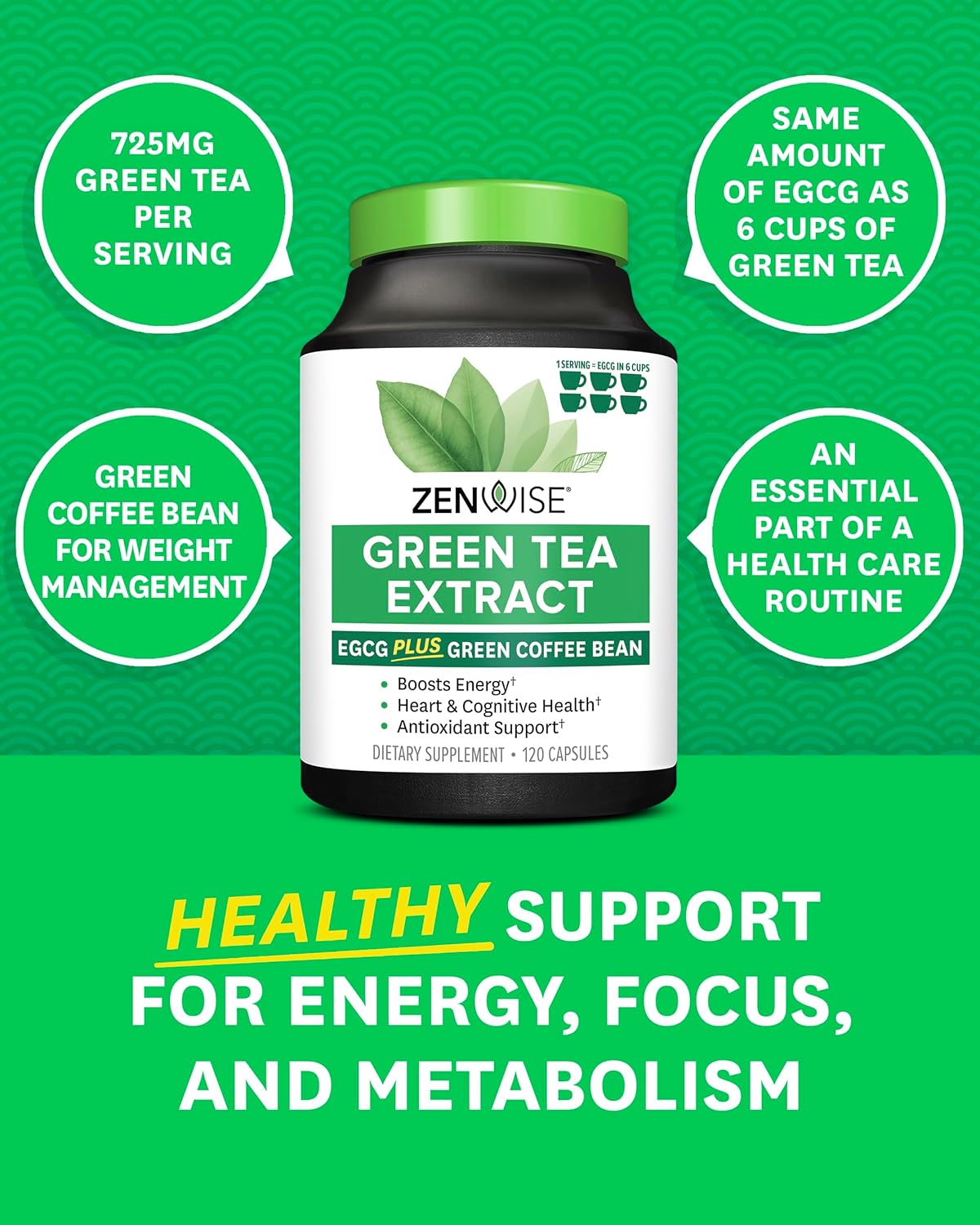 Zenwise Health EGCG Green Tea Extract Capsules - Supports Mental Focus, Immune Health, Antioxidants, Heart, Energy, and Metabolism - 120 Count
