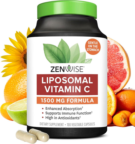 Zenwise Health Liposomal Vitamin C Supplement - 1500 MG Organic Antioxidant for Immune Support, Energy Boost, Skin Care - 180 CT