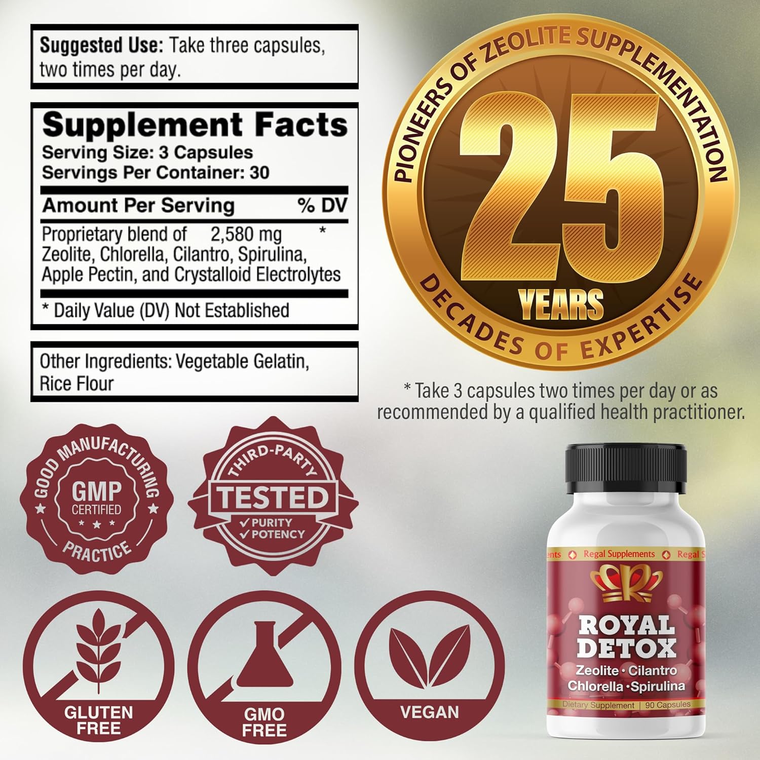 Zeo Health Royal Detox Capsules - Complete Cleanse with Zeolite, Cilantro, Chlorella, Spirulina, Apple Pectin for Full Body, Liver, Colon Detox - Boosts Energy, Mood, Immunity, Gut Health - 90 Caps