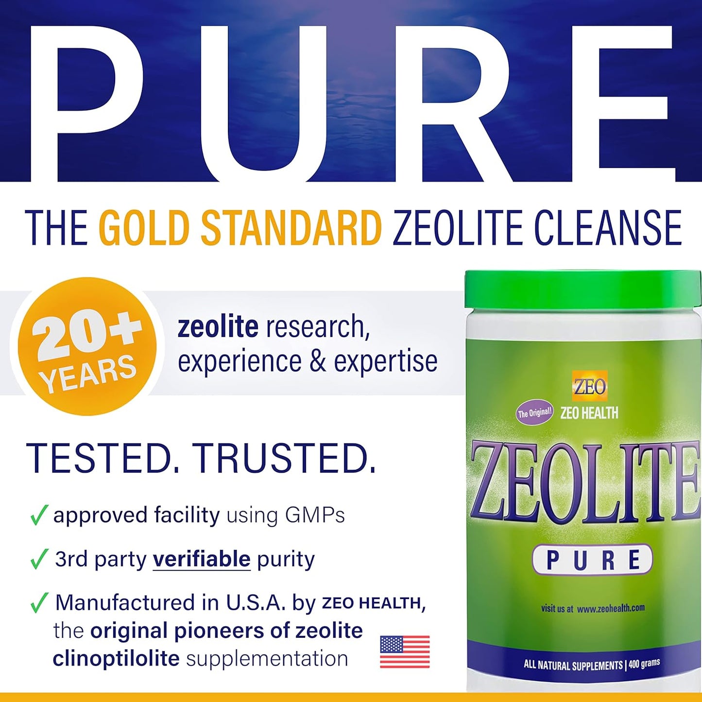 Zeo Health Zeolite Pure Powder - Full Body Detox Cleanse for Adults, Supports Energy, Gut Health, Mental Clarity, and Inflammation Response - 400 Servings