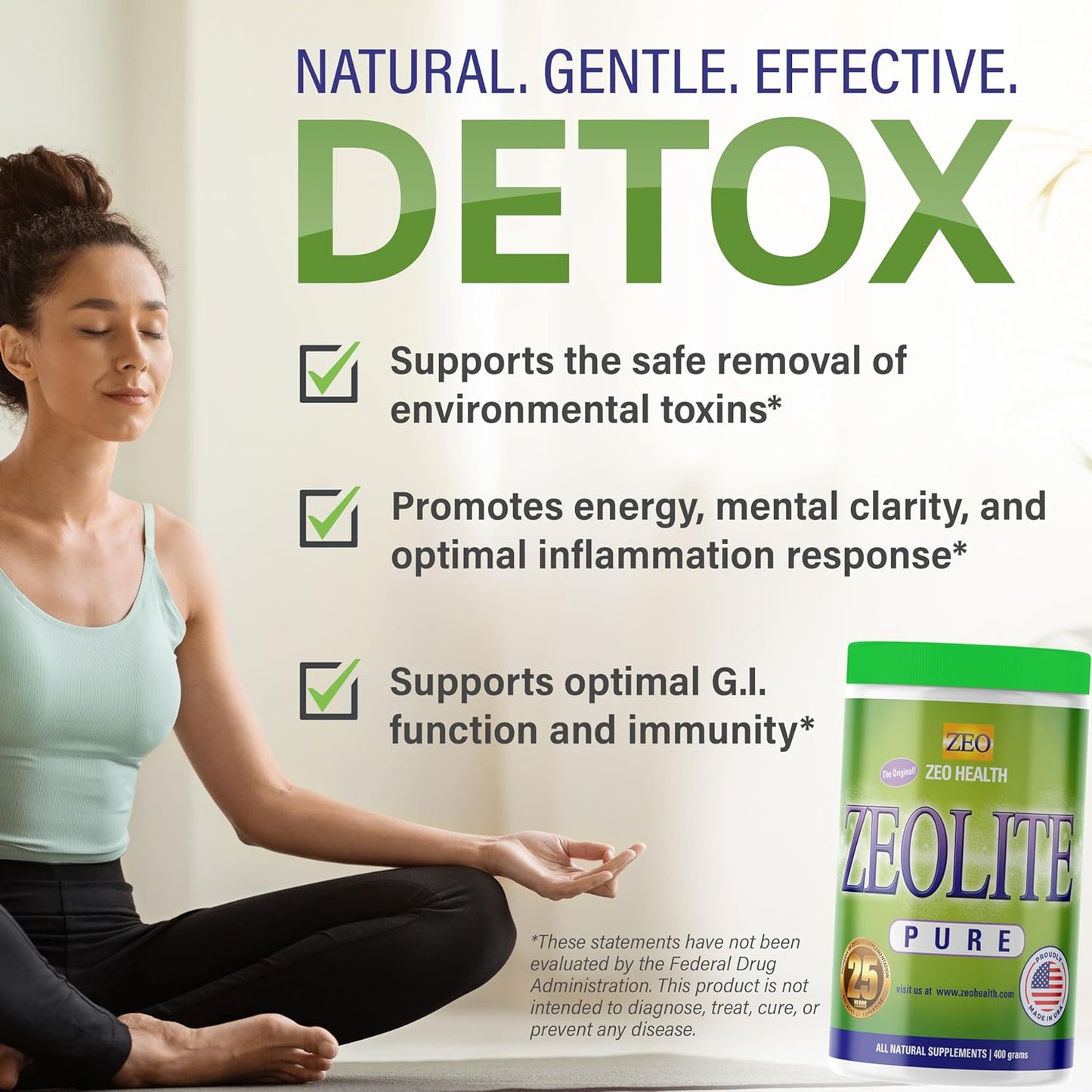 Zeo Health Zeolite Pure Powder - Full Body Detox Cleanse for Adults, Supports Energy, Gut Health, Mental Clarity, and Inflammation Response - 400 Servings
