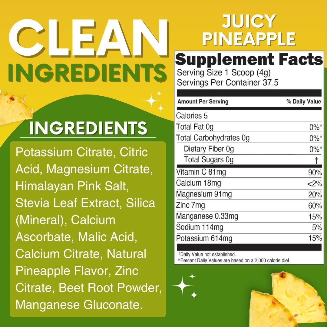 Zero Sugar Pineapple Electrolyte Powder - Natural Caffeine-Free Energy Drink Mix - Vegan, Keto, Paleo - Hydration Drink with All-Natural Ingredients - 37 Servings