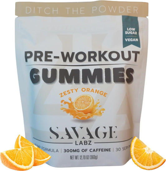Zesty Orange Pre-Workout Gummies for Men and Women - 120 Gummies, 75-300mg Caffeine, Low Sugar, Vegan Energy Boost