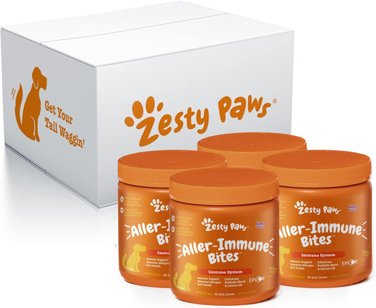 Zesty Paws Allergy Immune Supplement for Dogs with Omega 3 Salmon Oil, EpiCor, Probiotics - 90 Count, 4 Pack