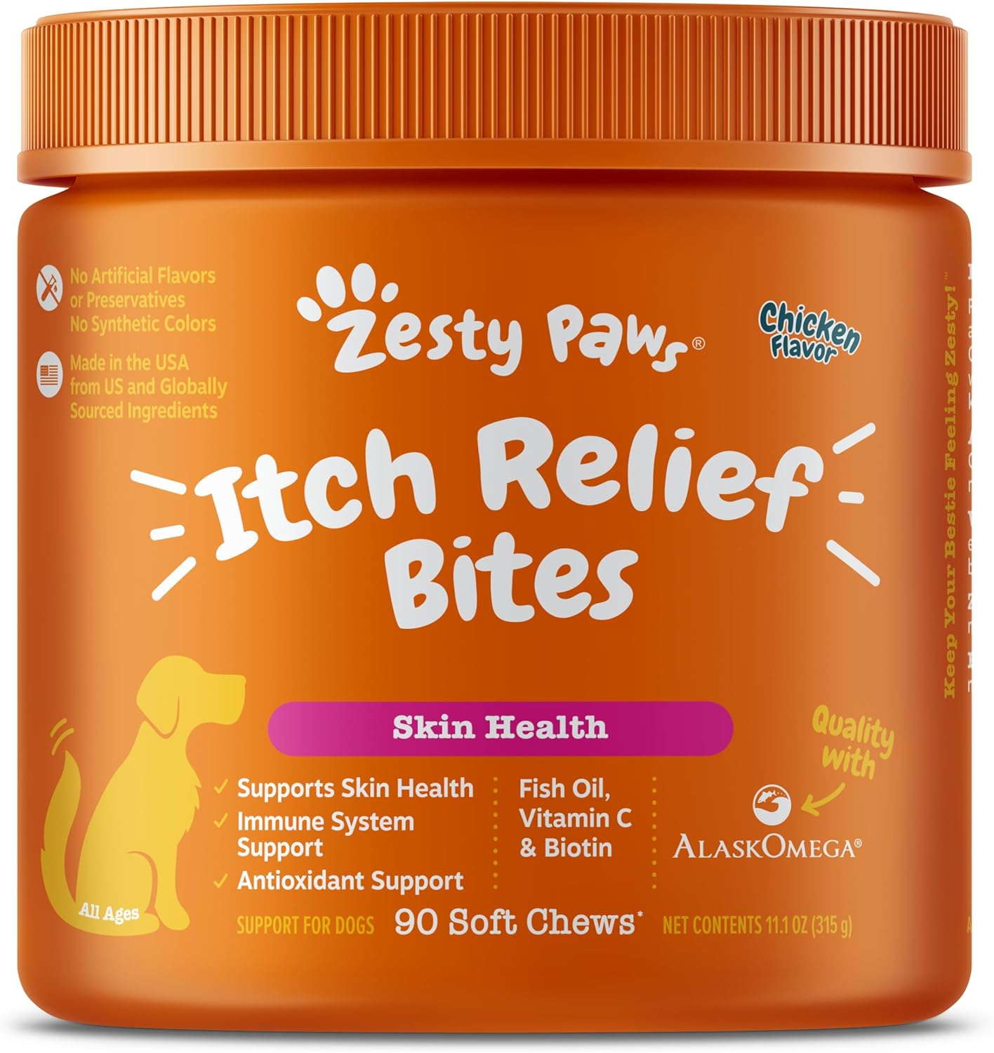 Zesty Paws Omega-3 Fish Oil Dog Bites for Itch Relief & Coat Health - 90 Count Chicken Flavor Supplement with Vitamin C & E