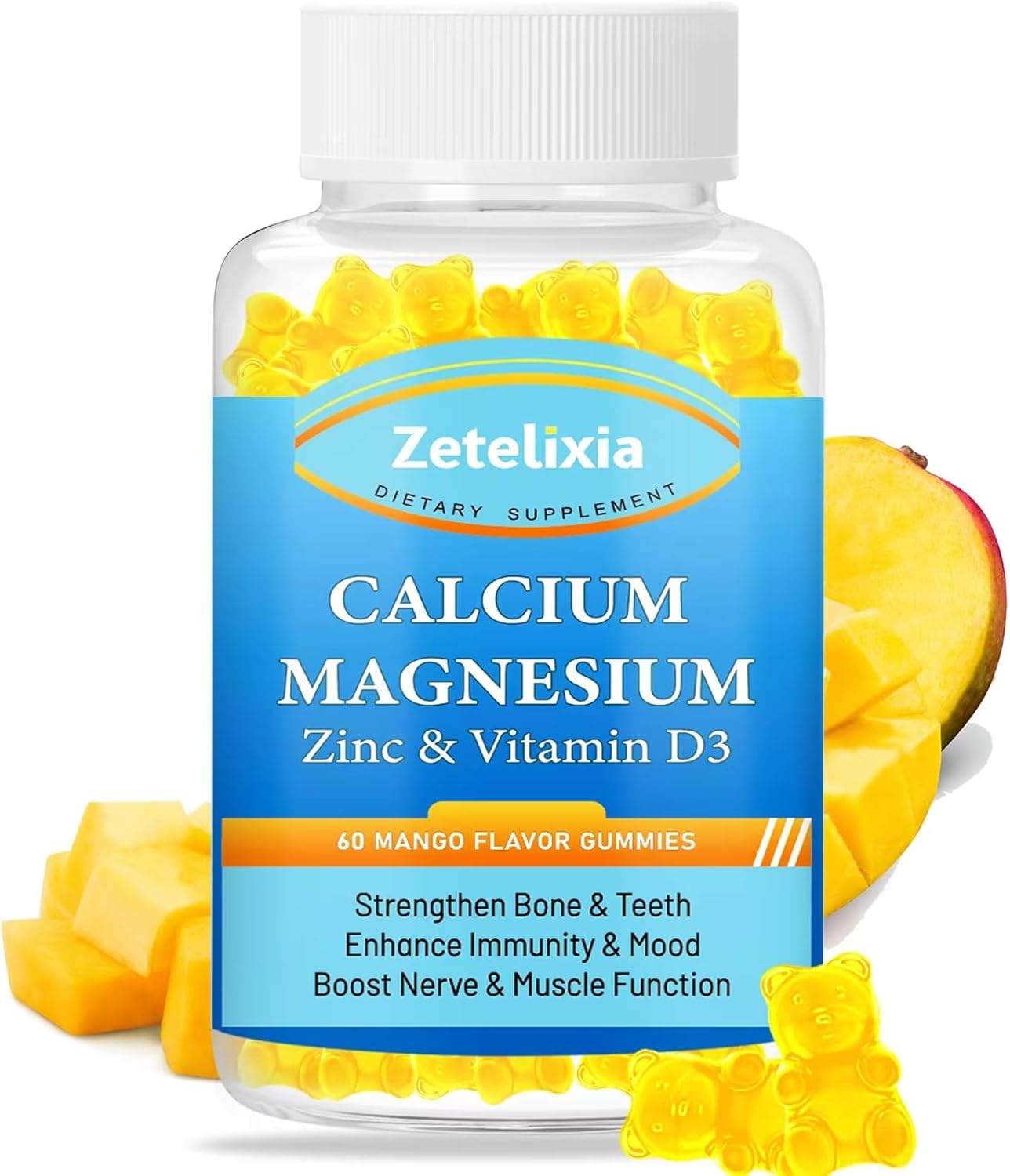 Zetelixia Sugar-Free Calcium Magnesium Zinc Gummies for Adults & Kids - 1000mg Citrate Supplement with Vitamin D3 & K2 - Bone & Muscle Health - 60 Count