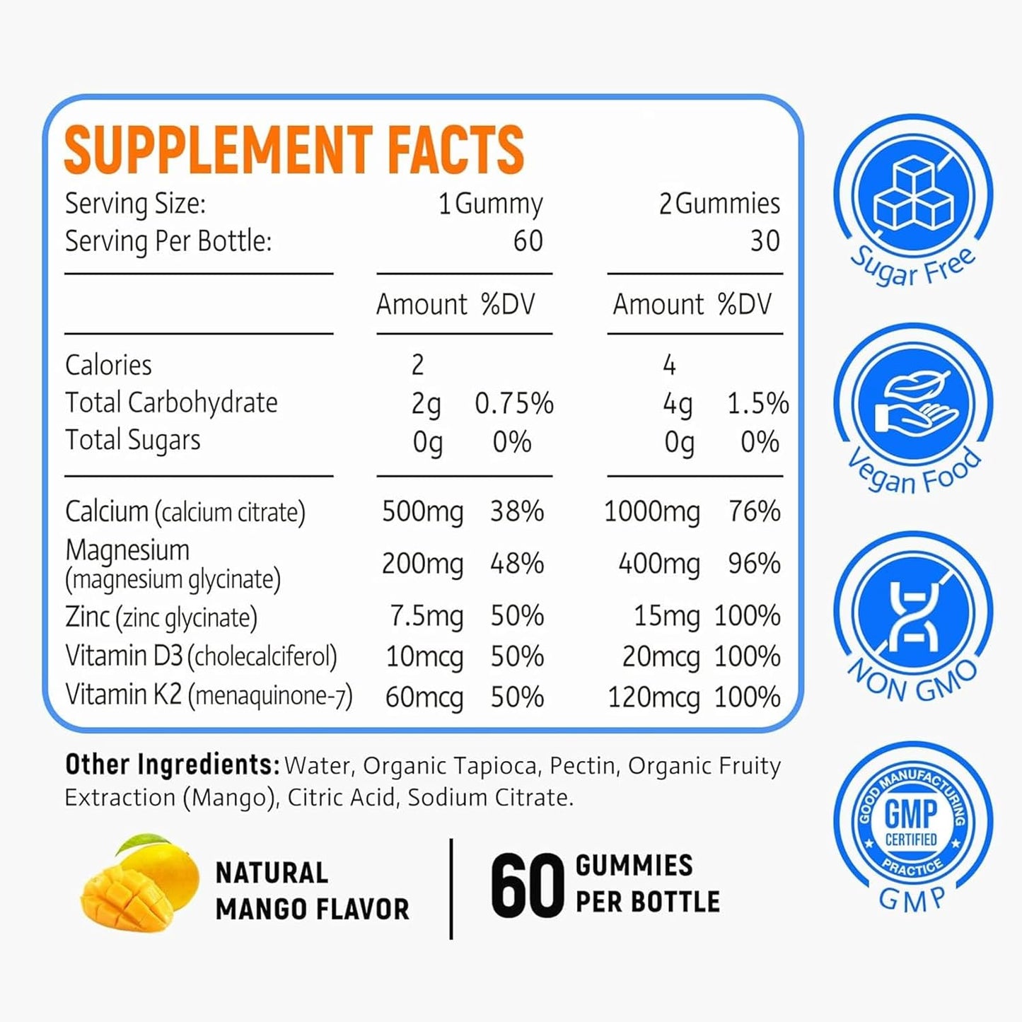 Zetelixia Sugar-Free Calcium Magnesium Zinc Gummies for Adults & Kids - 1000mg Citrate Supplement with Vitamin D3 & K2 - Bone & Muscle Health - 60 Count