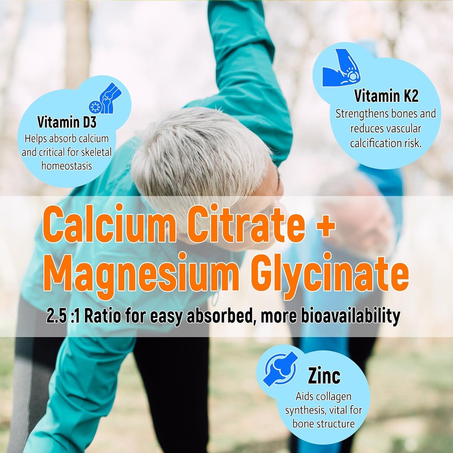 Zetelixia Sugar-Free Calcium Magnesium Zinc Gummies for Adults & Kids - 1000mg Citrate Supplement with Vitamin D3 & K2 - Bone & Muscle Health - 60 Count