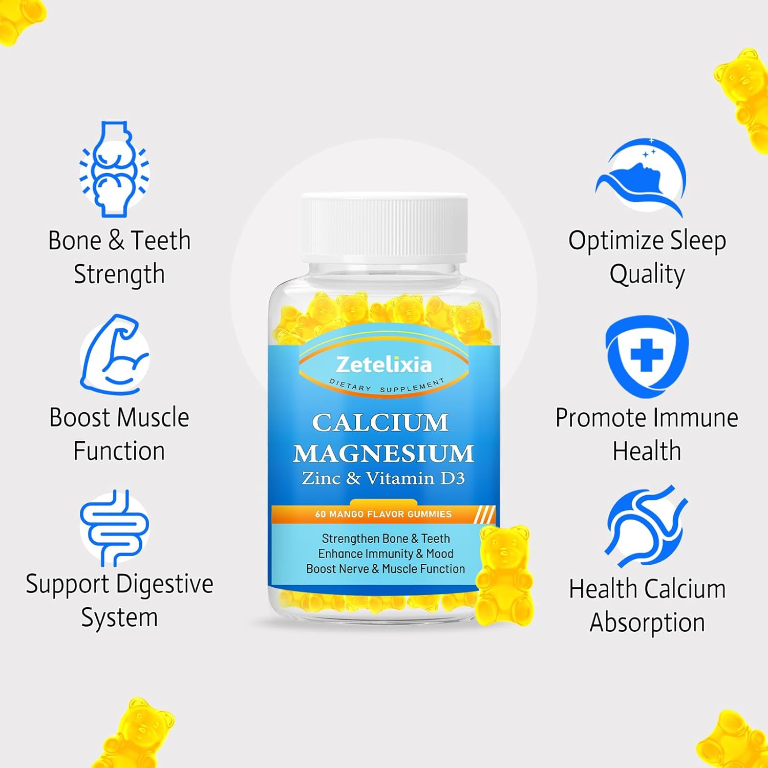 Zetelixia Sugar-Free Calcium Magnesium Zinc Gummies for Adults & Kids - 1000mg Citrate Supplement with Vitamin D3 & K2 - Bone & Muscle Health - 60 Count