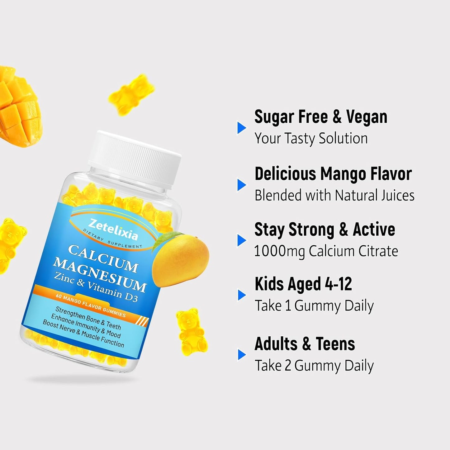 Zetelixia Sugar-Free Calcium Magnesium Zinc Gummies for Adults & Kids - 1000mg Citrate Supplement with Vitamin D3 & K2 - Bone & Muscle Health - 60 Count