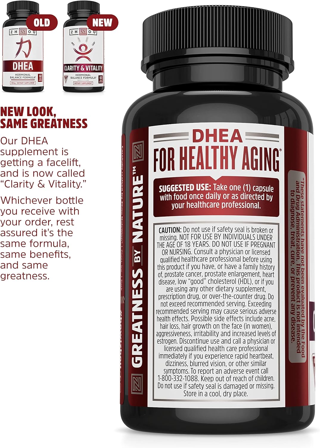 Zhou Clarity and Vitality Hormonal Balance Formula 50mg Capsules - Non-GMO, Vegan, Gluten Free - Healthy Aging Supplement for Women & Men