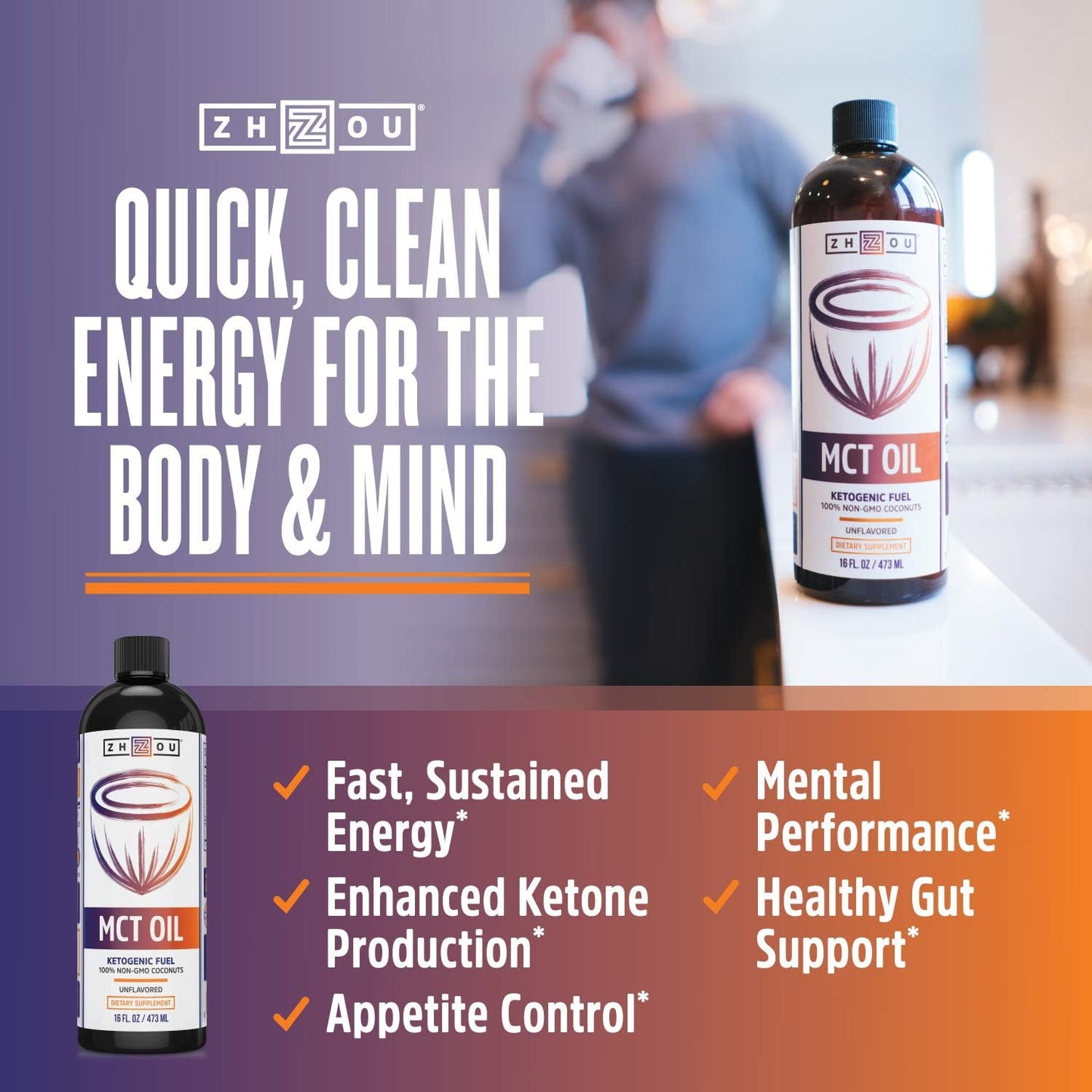 Zhou MCT Oil Ketogenic Fuel - Clean Energy Boost for Body & Mind - 16 Fl Oz Bottle