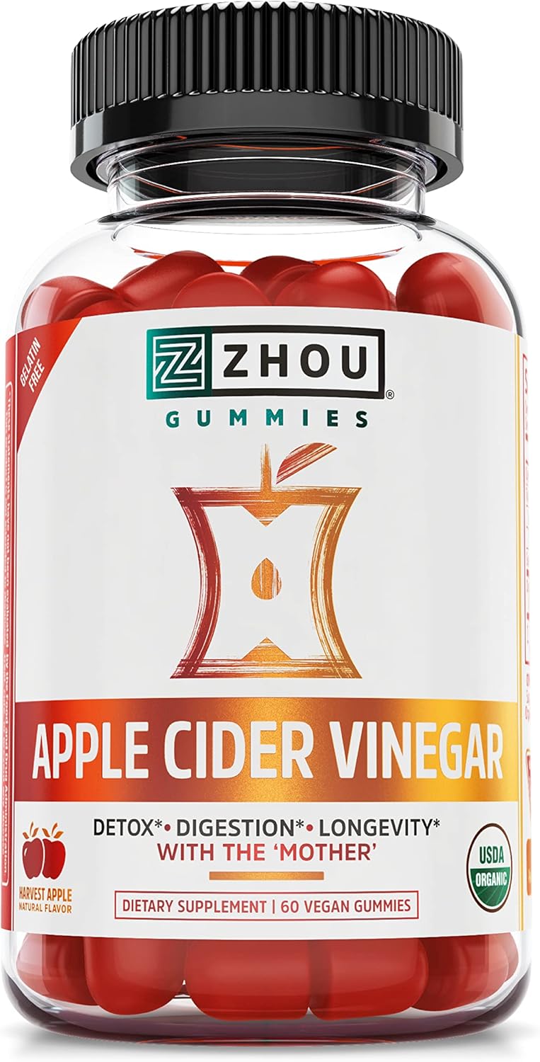 Zhou Nutrition Apple Cider Vinegar Gummies with The Mother - Detox & Cleanse, Probiotics, Digestion Support - Vegan, Gluten-Free, Non-GMO - 60 Count