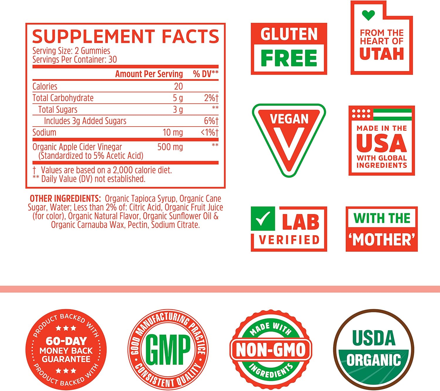 Zhou Nutrition Apple Cider Vinegar Gummies with The Mother - Detox & Cleanse, Probiotics, Digestion Support - Vegan, Gluten-Free, Non-GMO - 60 Count