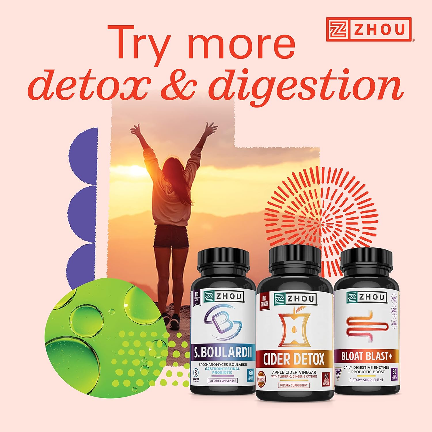 Zhou Nutrition Apple Cider Vinegar Gummies with The Mother - Detox & Cleanse, Probiotics, Digestion Support - Vegan, Gluten-Free, Non-GMO - 60 Count