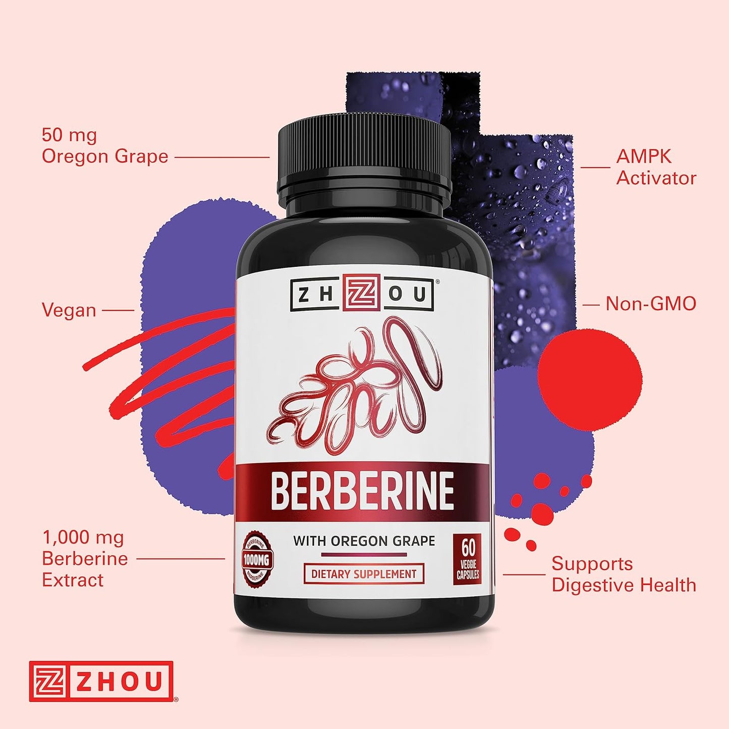 Zhou Nutrition Berberine Supplement 1000mg with Oregon Grape - Vegan & Gluten-Free - 30 Servings