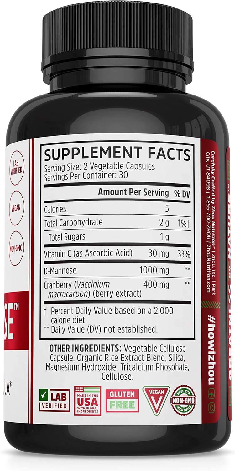 Zhou Nutrition Cran Defense: Urinary Tract Formula with Cranberry Extract, D-Mannose, Vitamin C - Flush Impurities, Support Healthy Bladder - 60 Count