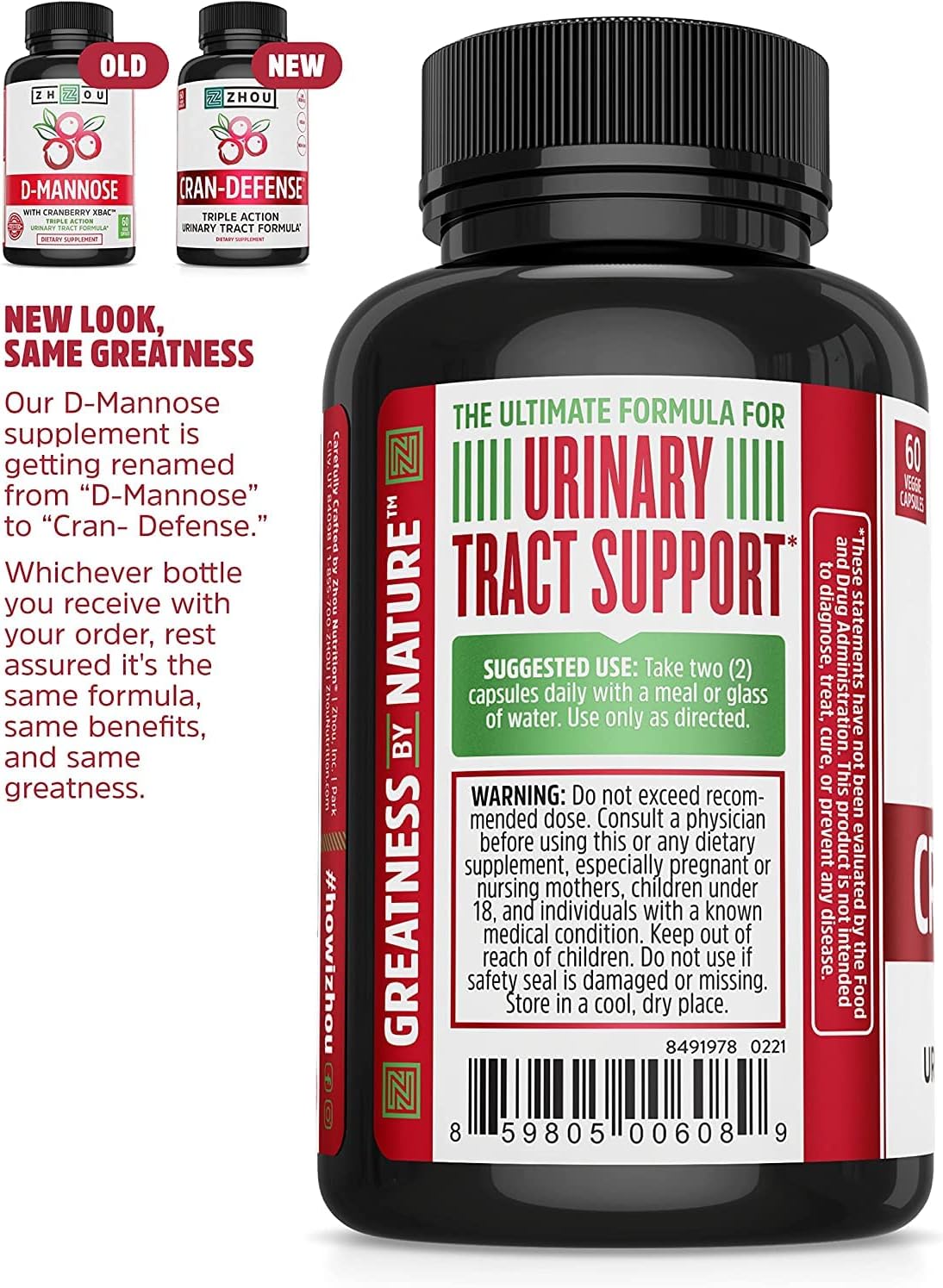 Zhou Nutrition Cran Defense: Urinary Tract Formula with Cranberry Extract, D-Mannose, Vitamin C - Flush Impurities, Support Healthy Bladder - 60 Count