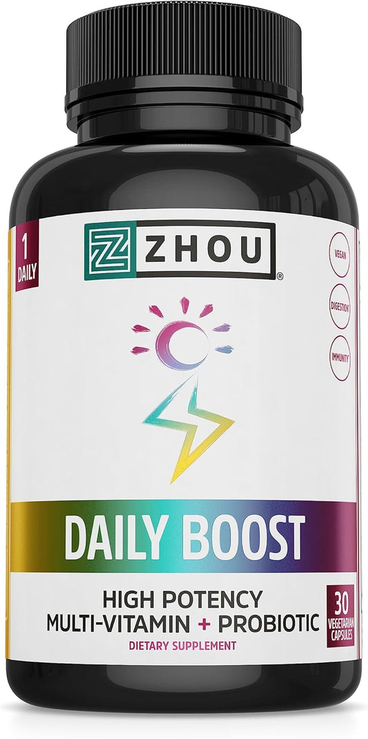 Zhou Nutrition Daily Boost Multivitamin with Probiotic, Zinc, Vitamin C, D3, B Complex for Immune Support and Energy - Vegan, Gluten Free, Soy Free - 30 Servings