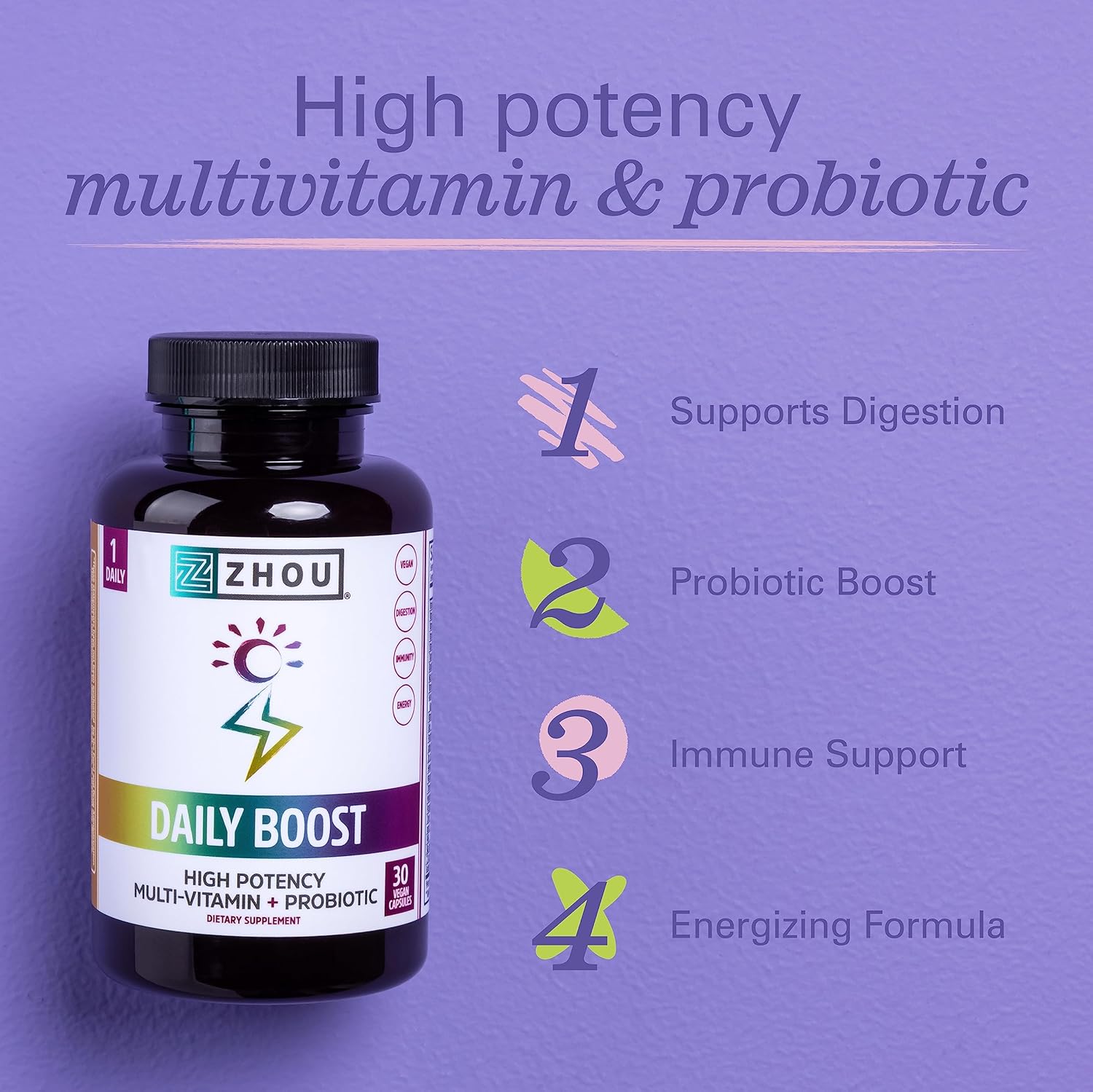 Zhou Nutrition Daily Boost Multivitamin with Probiotic, Zinc, Vitamin C, D3, B Complex for Immune Support and Energy - Vegan, Gluten Free, Soy Free - 30 Servings