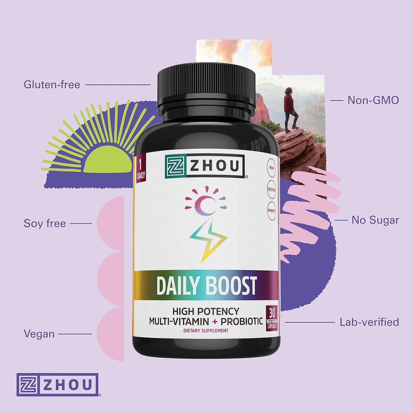 Zhou Nutrition Daily Boost Multivitamin with Probiotic, Zinc, Vitamin C, D3, B Complex for Immune Support and Energy - Vegan, Gluten Free, Soy Free - 30 Servings