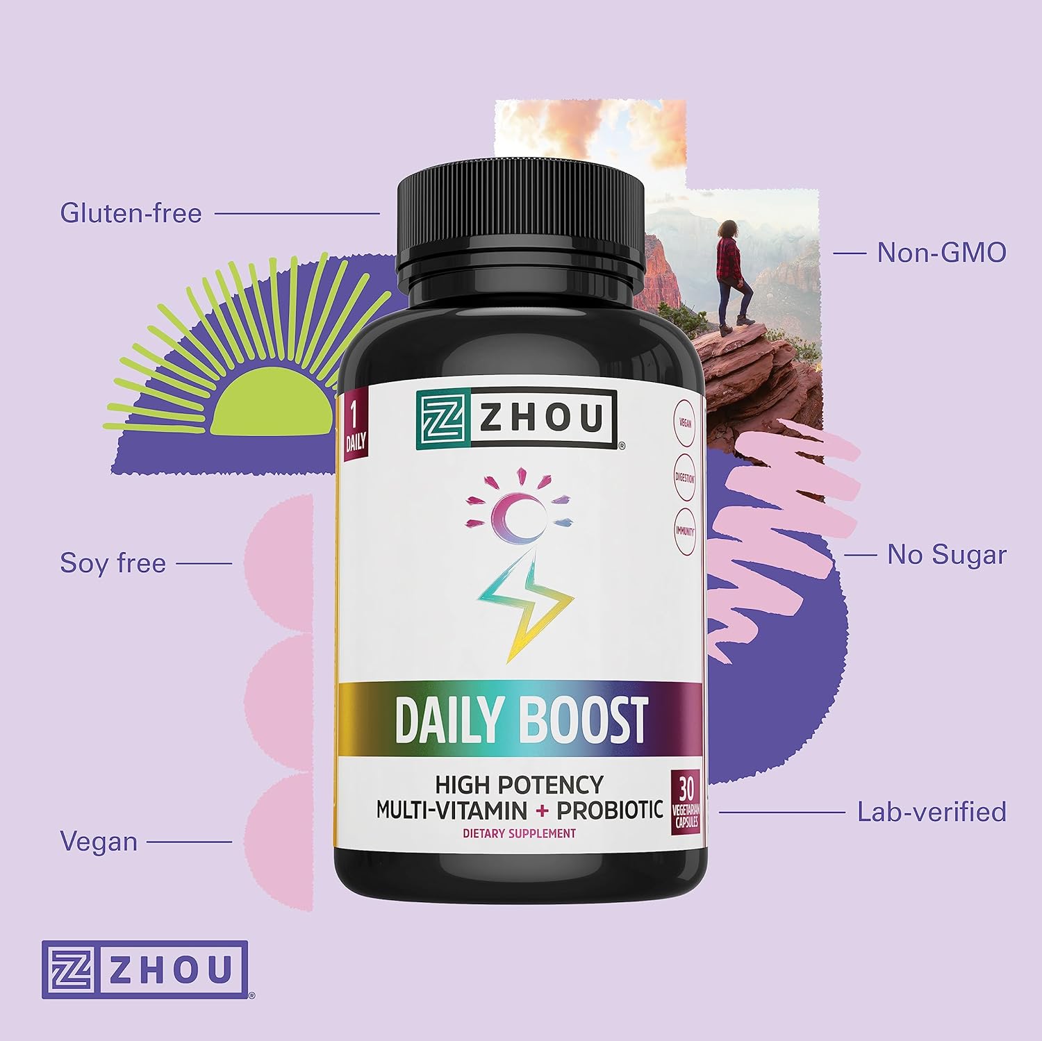 Zhou Nutrition Daily Boost Multivitamin with Probiotic, Zinc, Vitamin C, D3, B Complex for Immune Support and Energy - Vegan, Gluten Free, Soy Free - 30 Servings
