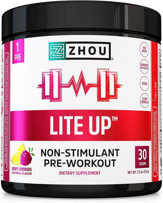 Zhou Nutrition Lite Up Non-Stimulant Pre Workout Powder - Caffeine Free Nitric Oxide Booster - Vegan Gluten Free Berry Lemonade - 7.5 Oz