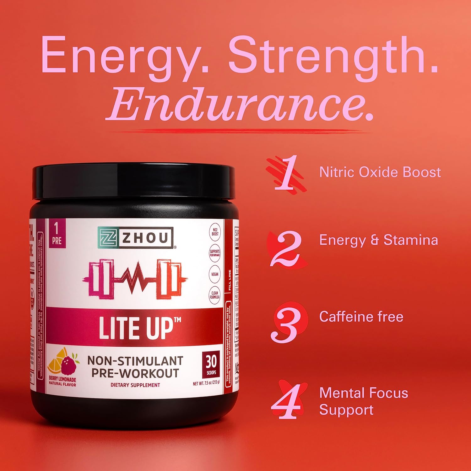 Zhou Nutrition Lite Up Non-Stimulant Pre Workout Powder - Caffeine Free Nitric Oxide Booster - Vegan Gluten Free Berry Lemonade - 7.5 Oz