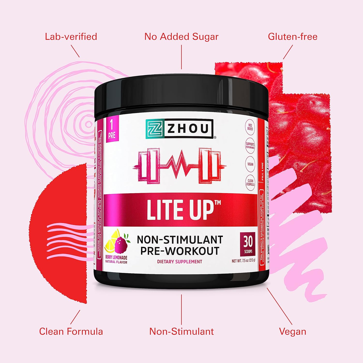 Zhou Nutrition Lite Up Non-Stimulant Pre Workout Powder - Caffeine Free Nitric Oxide Booster - Vegan Gluten Free Berry Lemonade - 7.5 Oz