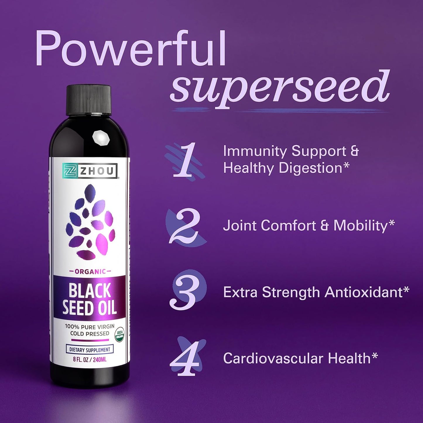 Zhou Organic Black Seed Oil 8oz - Cold Pressed Omega 3 6 9 Super Antioxidant for Immune Support, Joints, Digestion, Hair & Skin - Vegan, Gluten-Free, Non-GMO