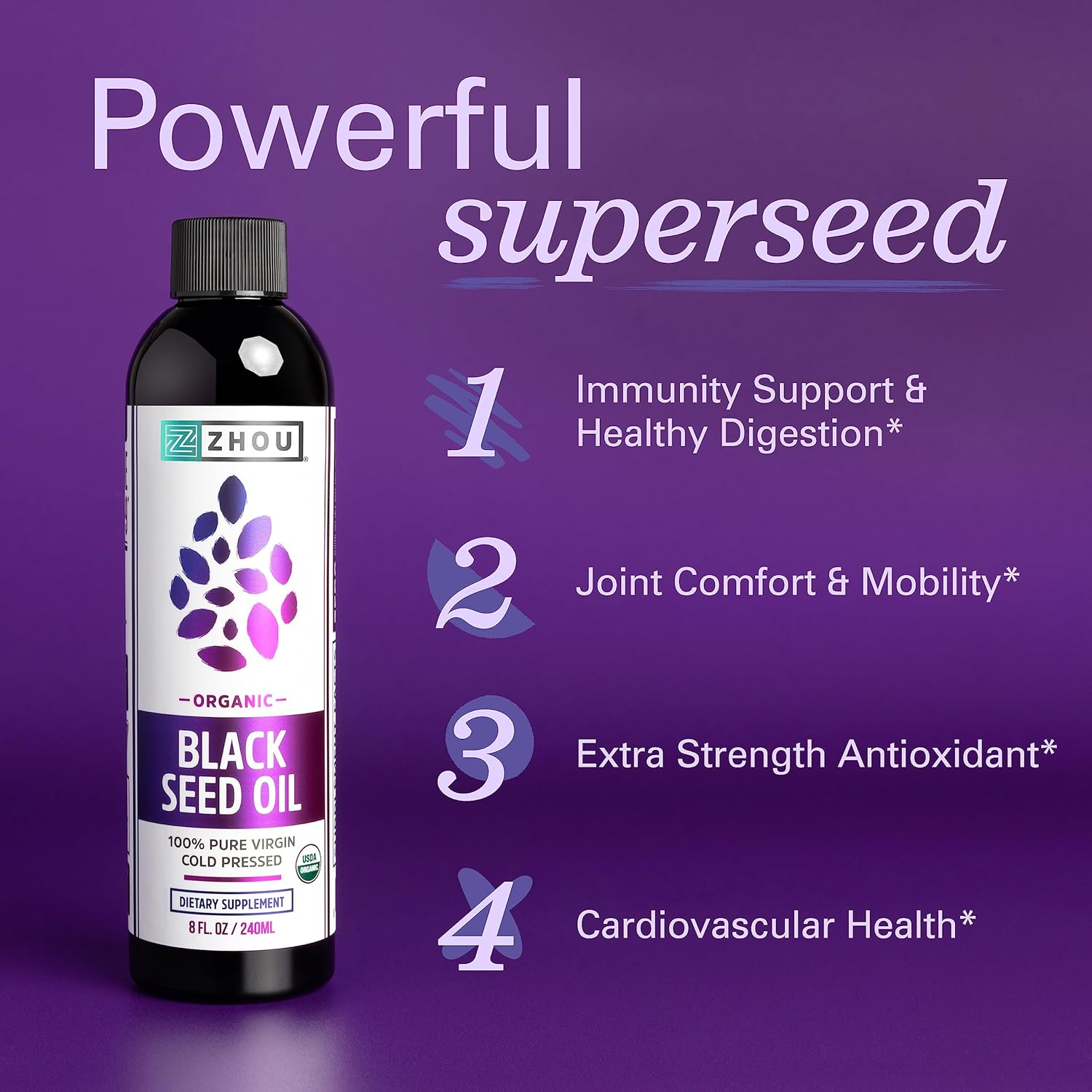 Zhou Organic Black Seed Oil 8oz - Cold Pressed Omega 3 6 9 Super Antioxidant for Immune Support, Joints, Digestion, Hair & Skin - Vegan, Gluten-Free, Non-GMO