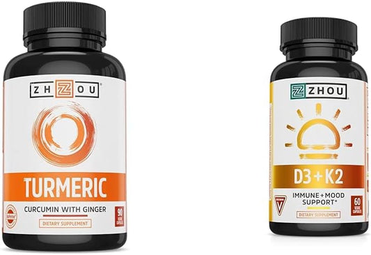 Zhou Turmeric Curcumin Ginger Bioperine Antioxidant Joint Comfort Mobility Capsules with Vitamin D3 K2 for Bone and Heart Health - 60 Count