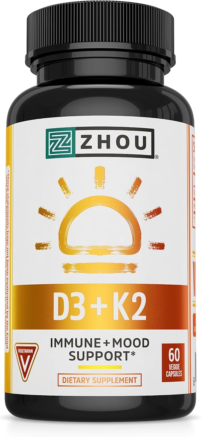 Zhou Turmeric Curcumin Ginger Bioperine Antioxidant Joint Comfort Mobility Capsules with Vitamin D3 K2 for Bone and Heart Health - 60 Count