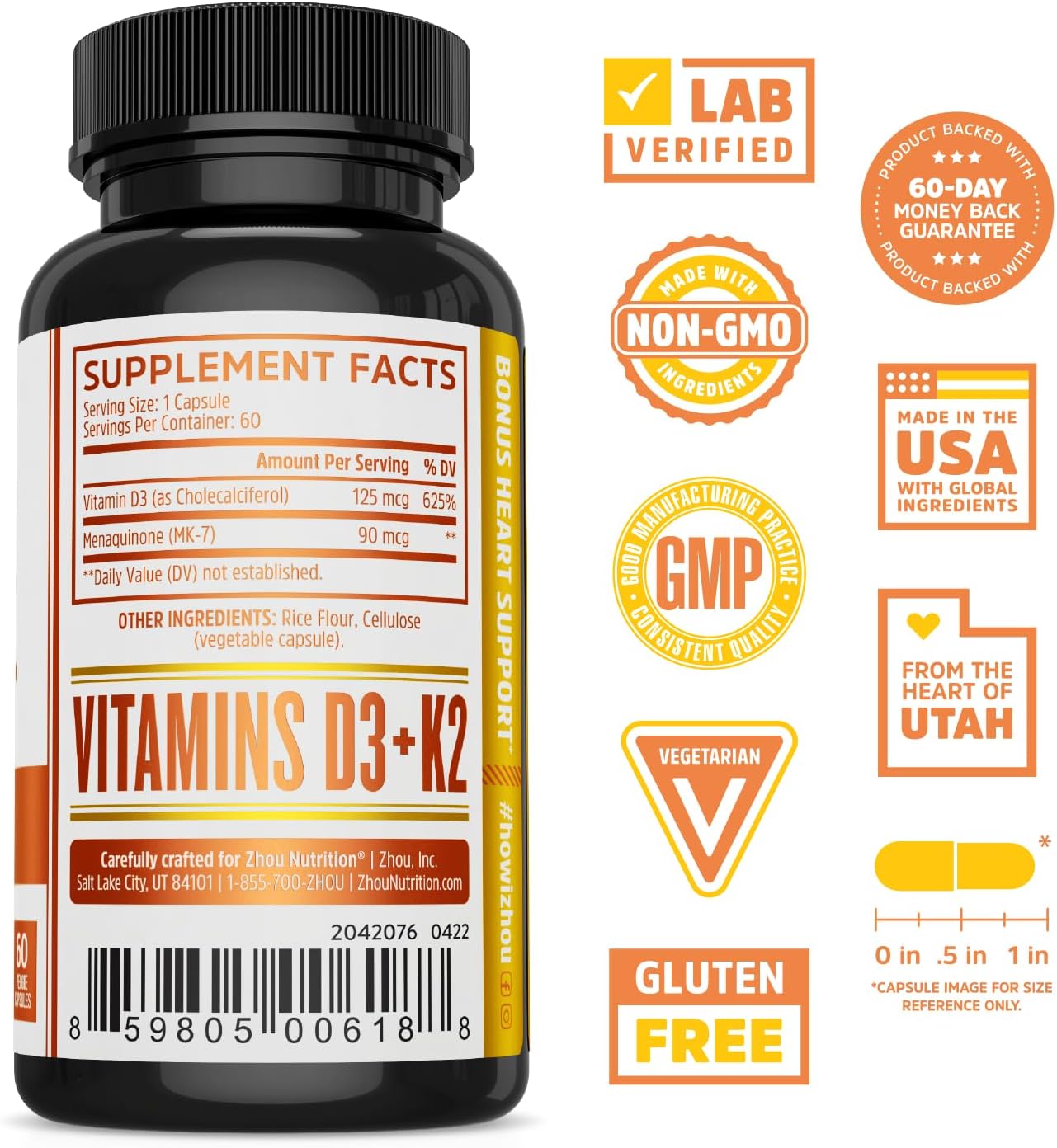 Zhou Turmeric Curcumin Ginger Bioperine Antioxidant Joint Comfort Mobility Capsules with Vitamin D3 K2 for Bone and Heart Health - 60 Count