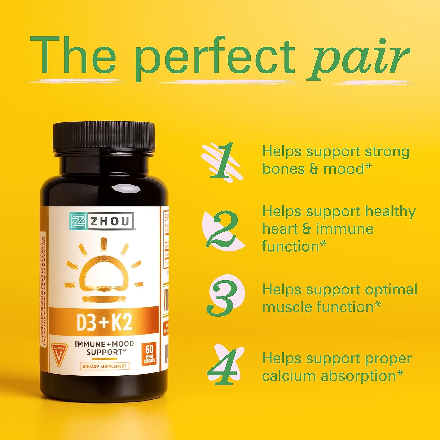 Zhou Turmeric Curcumin Ginger Bioperine Antioxidant Joint Comfort Mobility Capsules with Vitamin D3 K2 for Bone and Heart Health - 60 Count