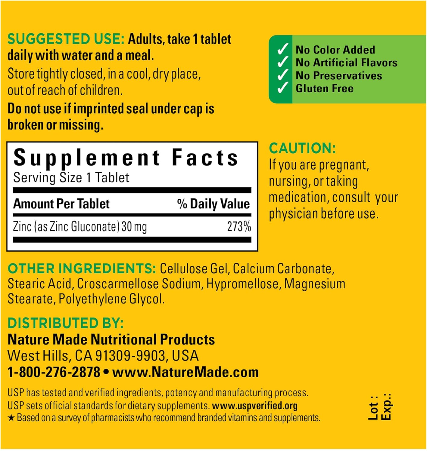 Zinc 30mg Supplement for Immune Health and Antioxidant Support - 100 Tablets