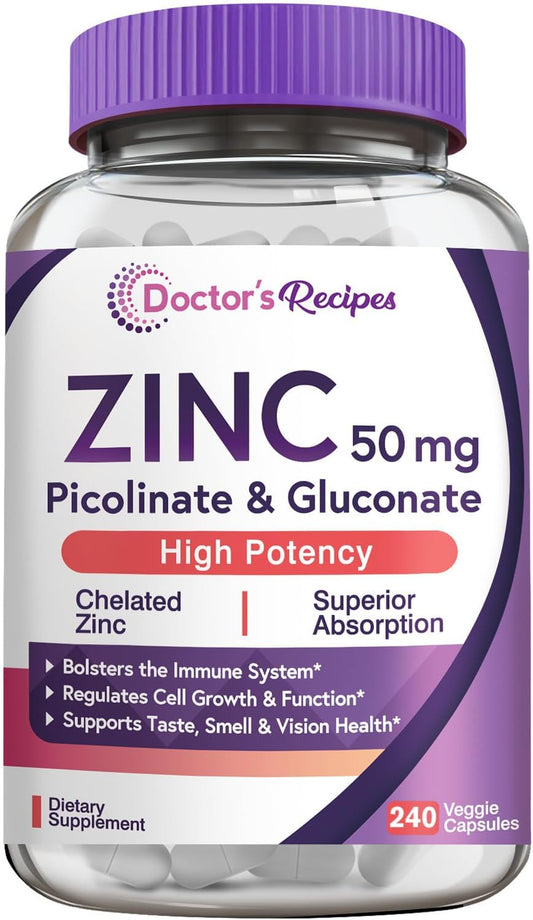 Zinc 50mg Capsules for Immune Defense, DNA & Protein Formation, Cell Growth - Non-GMO, 240 Veggie Capsules
